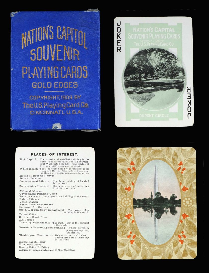 Nation’s Capital Souvenir Playing Cards. USPC, 1909. 52: Nation’s Capital Souvenir Playing Cards. USPC, 1909. 52 + J + EC + OB, NM. Gold edges. Hoch. S65.