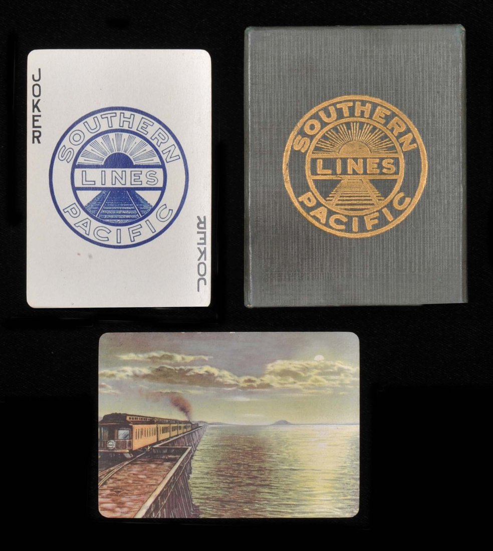 Southern Pacific Lines Railroad Souvenir Playing Cards.: Southern Pacific Lines Railroad Souvenir Playing Cards. USPC, 1915. 52 + J + EC + Bklt + OB, NM. Gold edges. Hoch. SR18.
