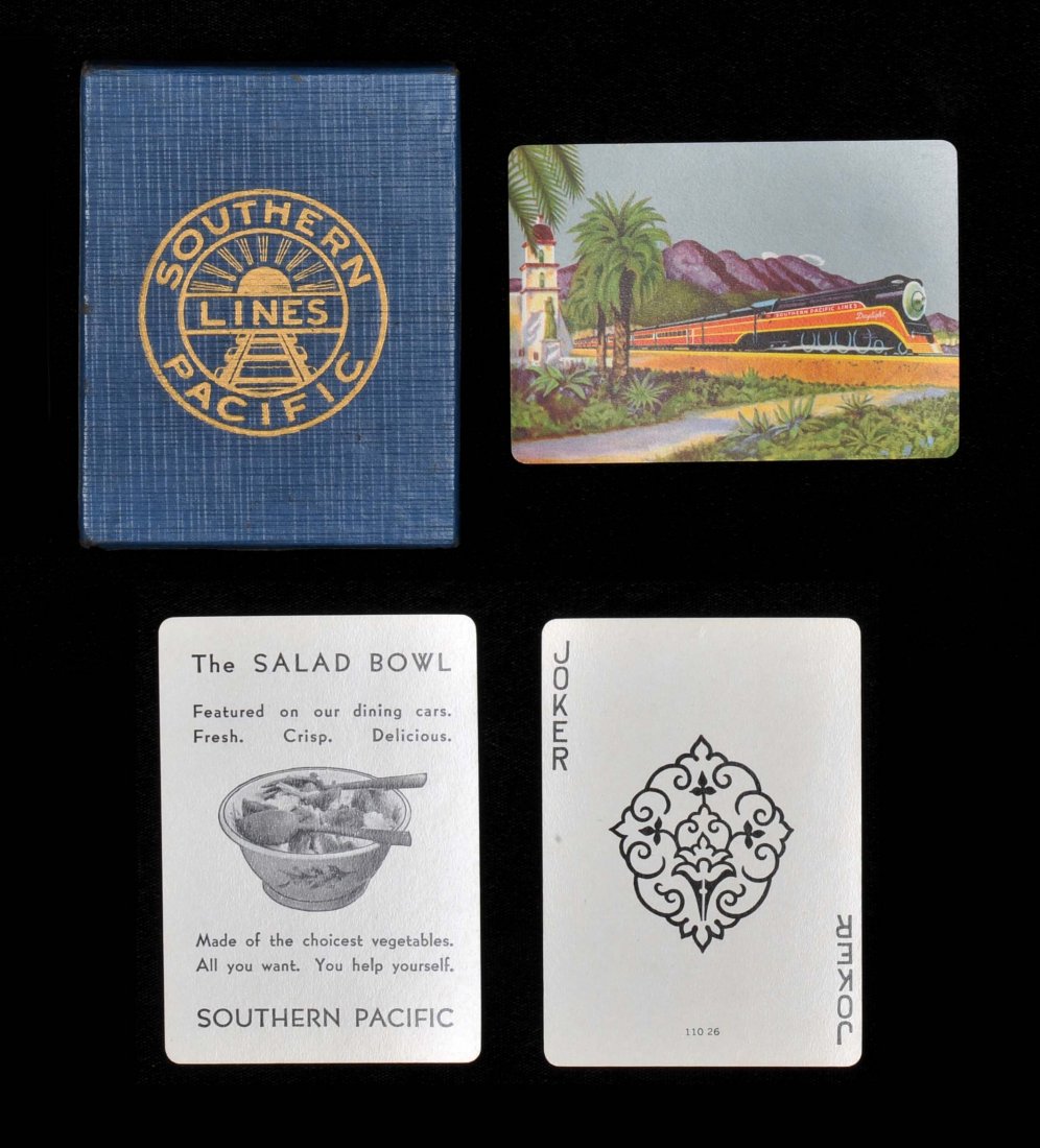 Southern Pacific Lines Railroad Souvenir Playing Cards.: Southern Pacific Lines Railroad Souvenir Playing Cards. USPC, 1943. 52 + J + 2EC + Bklt. + OB, NM. Gold edges. A much later deck and does not appear in Hochman. Uncommon.