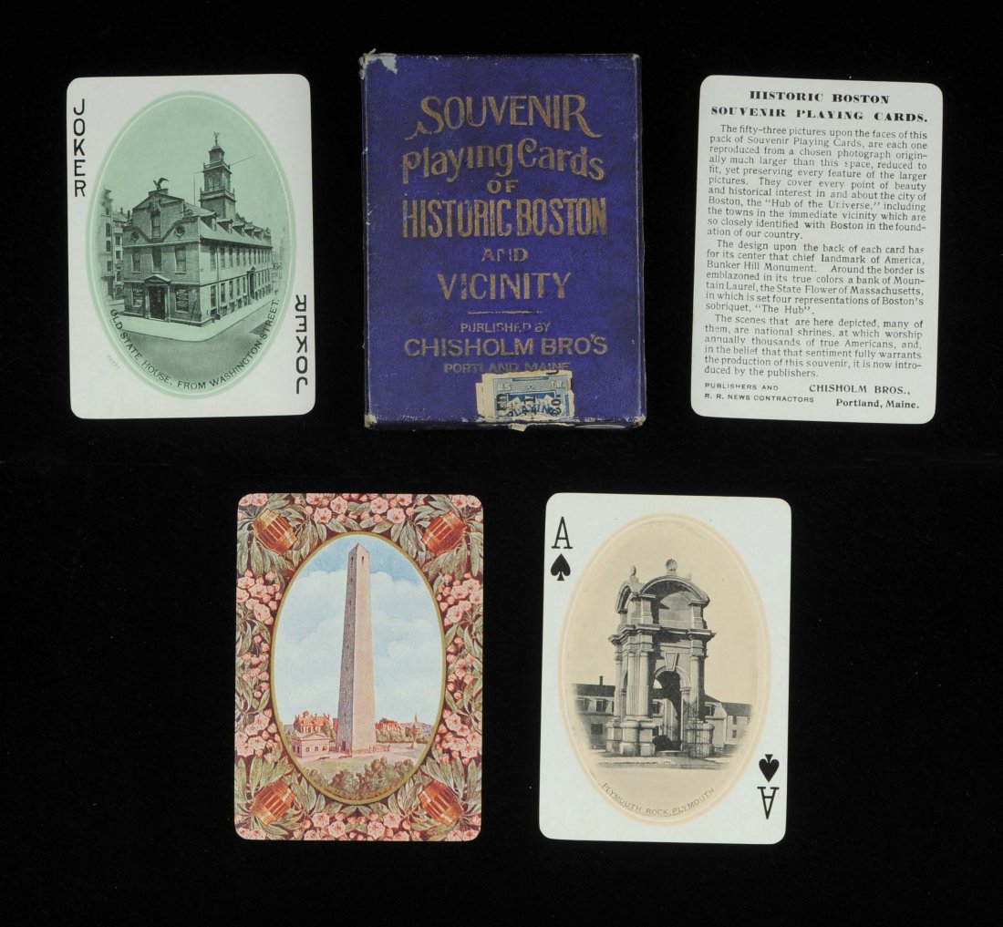 Historic Boston and Vicinity Souvenir Playing Cards.: Historic Boston and Vicinity Souvenir Playing Cards. Chisolm Bros., Portland, Maine, 1900. 52 + J + EC + OB, NM. Gold edges. Hoch. S7.