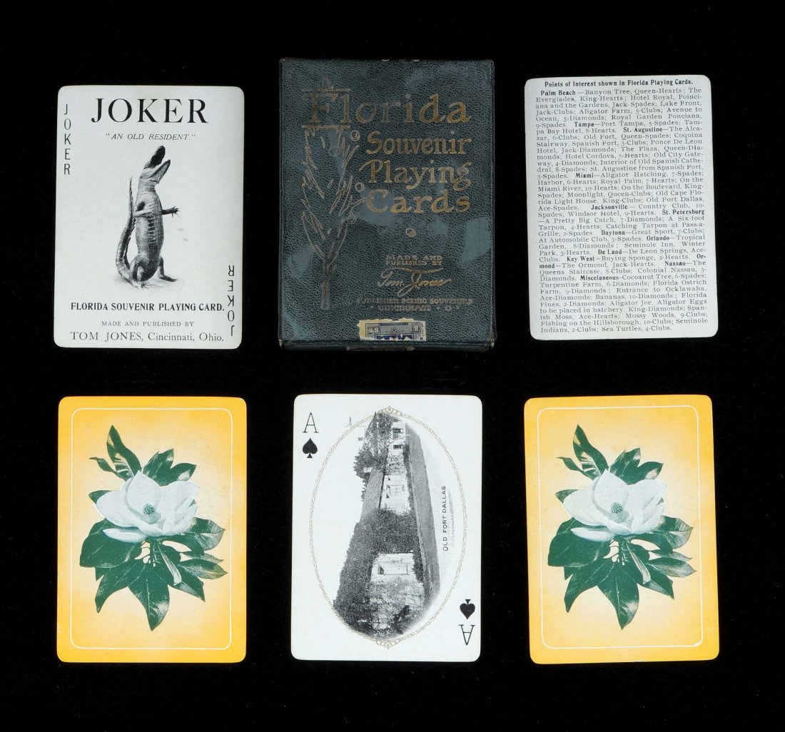 Florida Souvenir Playing Cards. Tom Jones, 1900. 52 + J: Florida Souvenir Playing Cards. Tom Jones, 1900. 52 + J + EC + OB, NM. Gold edges. Hoch. S21.
