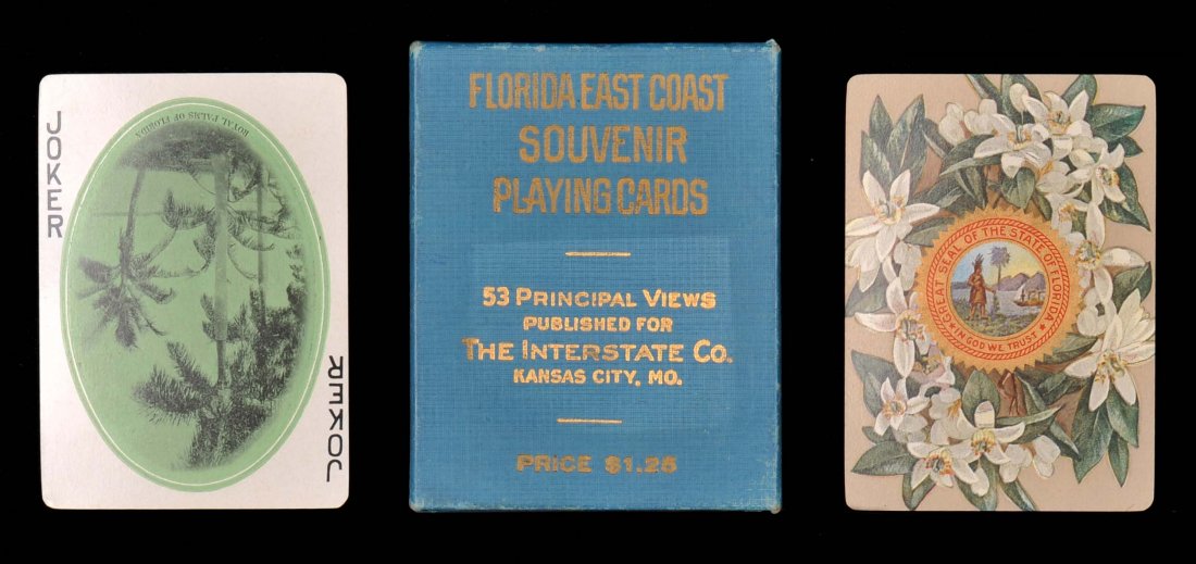 Florida East Coast Souvenir Playing Cards. The: Florida East Coast Souvenir Playing Cards. The Interstate Co., 1900. 52 + J + OB, NM. Gold edges. Hoch. S22.