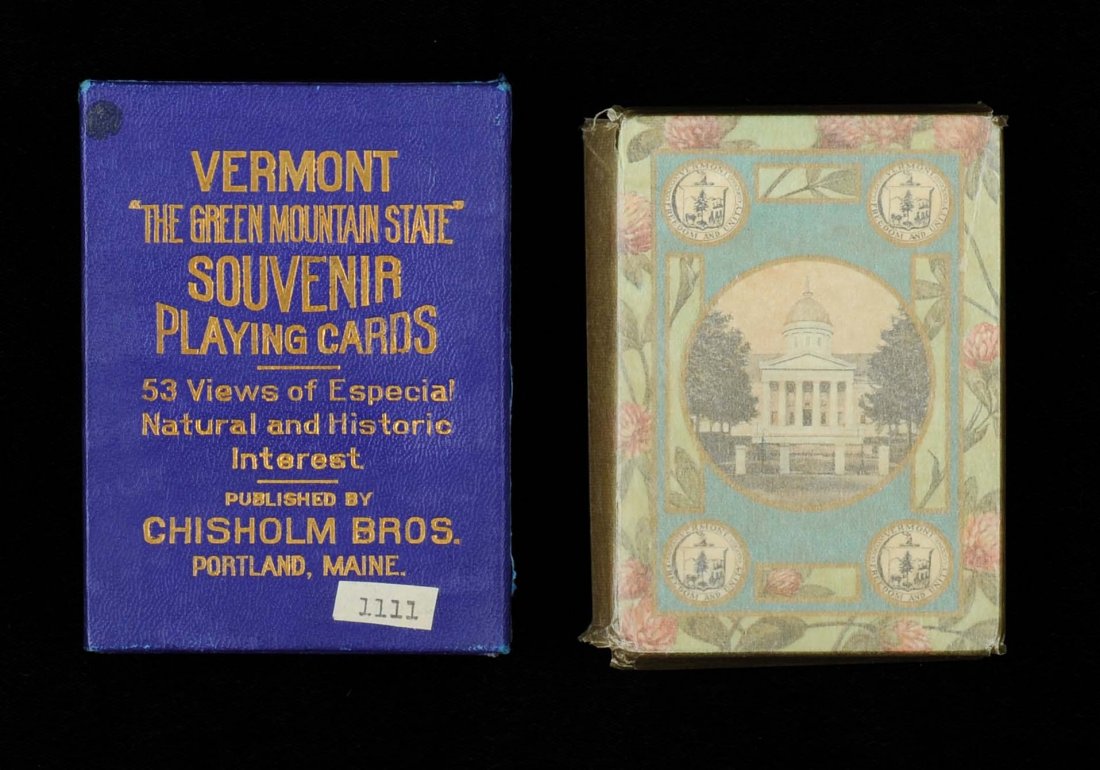 Vermont Souvenir Playing Cards. Chisolm Bros. Portland,: Vermont Souvenir Playing Cards. Chisolm Bros. Portland, Maine, ca. 1910. 52 + J + OB, MIW (wrapper). Gold edges. Hoch. S63.