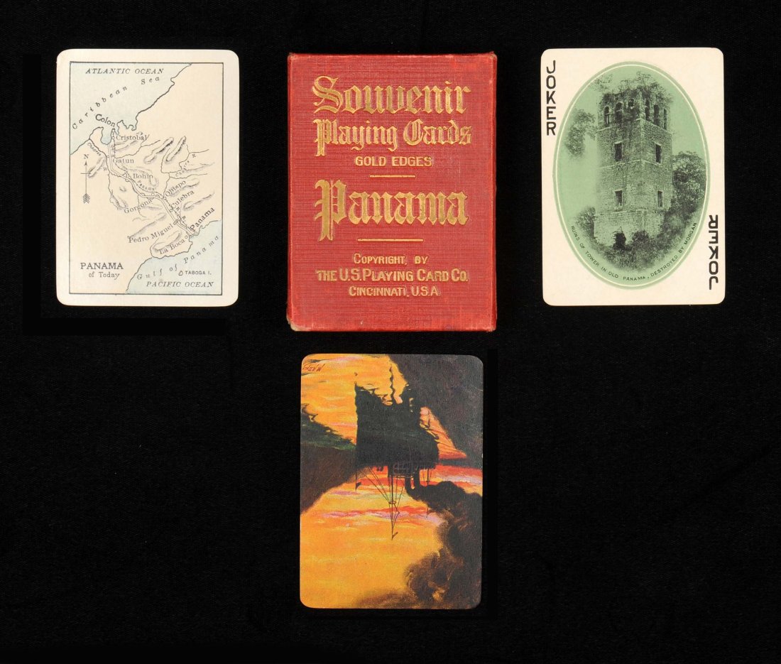 Panama Souvenir Playing Cards. USPC, 1923. 52 + J + MC: Panama Souvenir Playing Cards. USPC, 1923. 52 + J + MC (corner bump) + OB, NM. Gold edges. Hoch. S48.