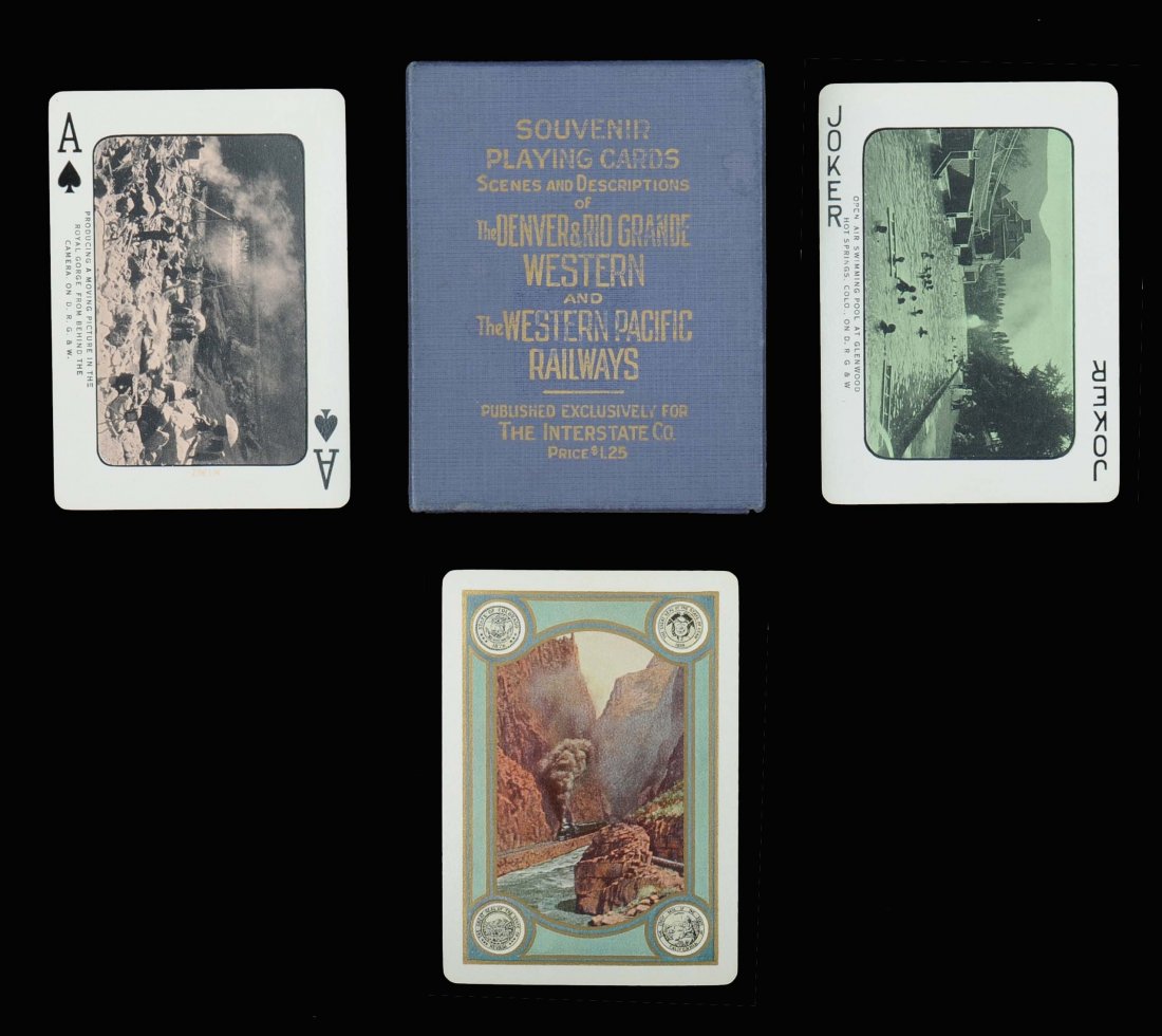 Denver and Rio Grande Western and Western Pacific: Denver and Rio Grande Western and Western Pacific Railways Souvenir Playing Cards. The Interstate Co., 1915. 52 + J + OB, NM. Gold edges. Hoch. SR10.