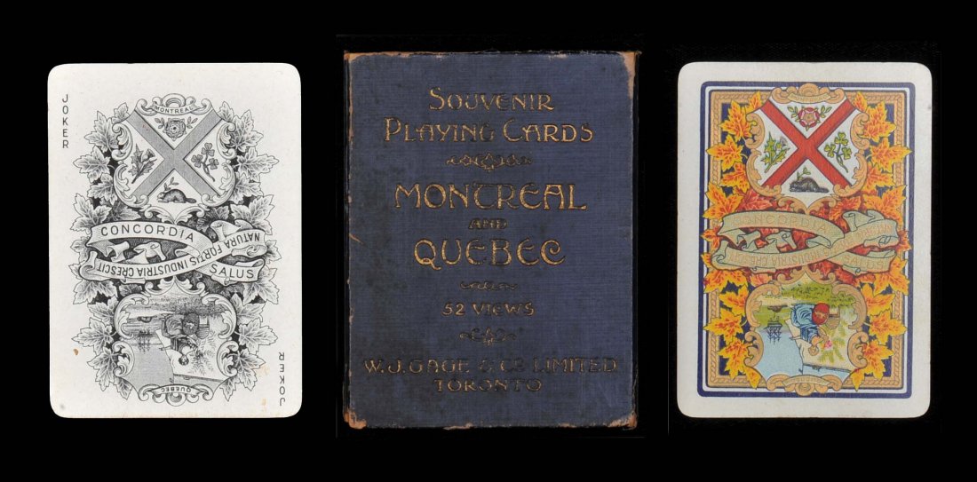 Montreal & Quebec Souvenir Playing Cards. Goodall,: Montreal & Quebec Souvenir Playing Cards. Goodall, London, England, ca. 1905. 52 + J + EC + BC + OB (top & bottom of inside slip case missing), Exc. Very colorful backs. Hoch. SCA10.