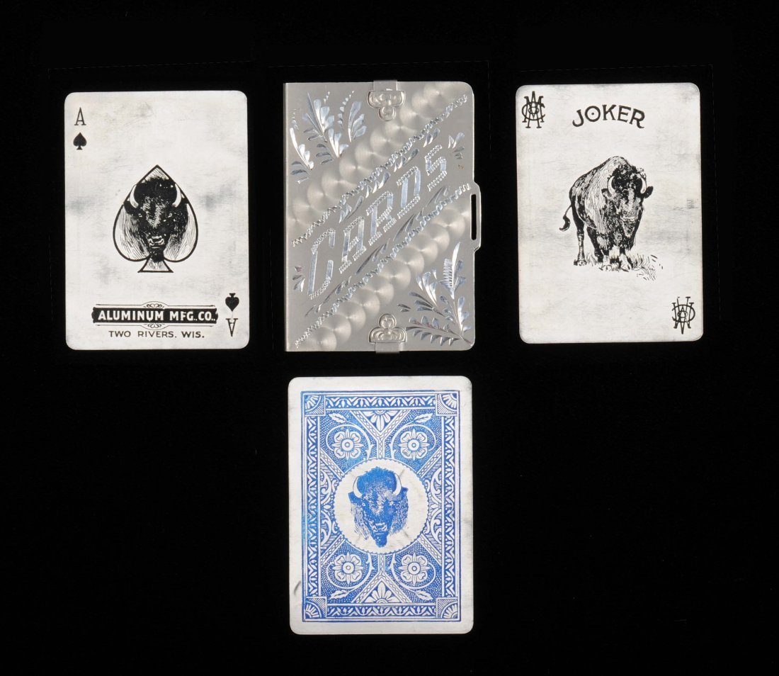 Pan American Exposition Aluminum Playing Cards.: Pan American Exposition Aluminum Playing Cards. Aluminum Mfg. Co., Two Rivers, WI, ca. 1901. 52 + J + OB, Exc. The symbol for the Exposition was a Buffalo; a Buffalo appears on the AS, Joker and backs