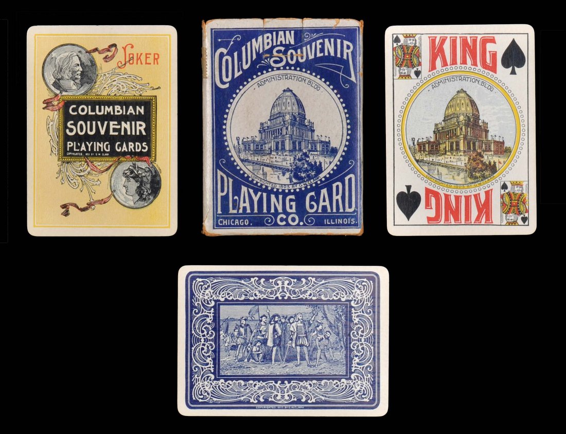 Columbian Exposition Souvenir Playing Cards. G.W.: Columbian Exposition Souvenir Playing Cards. G.W. Clark, Chicago, ca. 1893. 52 + J + BC + OB (top flap lacking), NM. Hoch. SX6.
