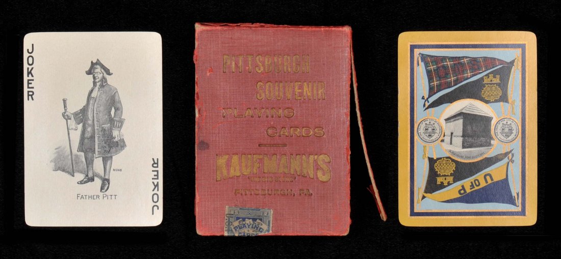 Views of Pittsburg Souvenir Playing Cards. USPC, ca.: Views of Pittsburg Souvenir Playing Cards. USPC, ca. 1910. 52 + J + OB (one side panel missing and one split), NM. Advertisement on the front is for Kaufmann’s “The Big Store.” This is the same 