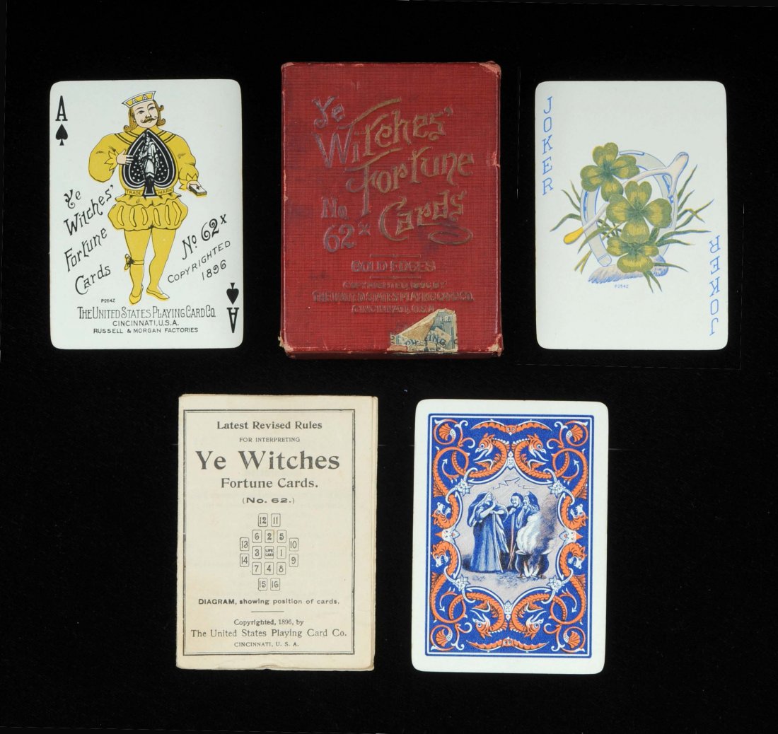Ye Witches’ Fortune Cards 62x. USPC, 1896. 52 + J +: Ye Witches’ Fortune Cards 62x. USPC, 1896. 52 + J + Bklt + OB, Exc. Gold edges. Also considered a partial transformation deck. Hoch. FT9.