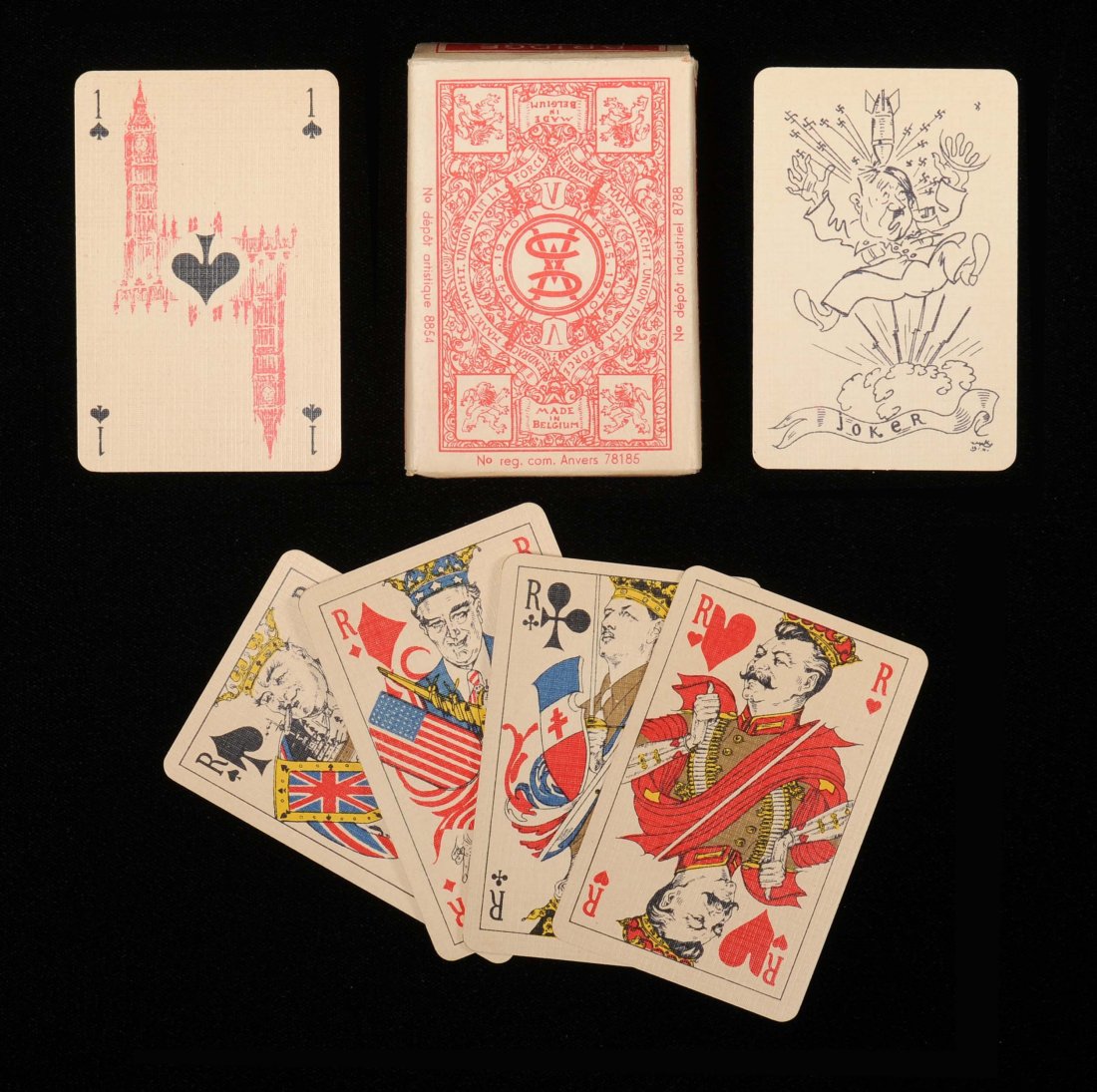 “Union Fait la Force” Playing Cards. Ets. Mesmaekers: “Union Fait la Force” Playing Cards. Ets. Mesmaekers Freres, Turnhout, Belgium, 1945. 52 + J + OB, NM. Commemorates the end of World War II. Kings are important players in W.W II, Stalin, Roosevel
