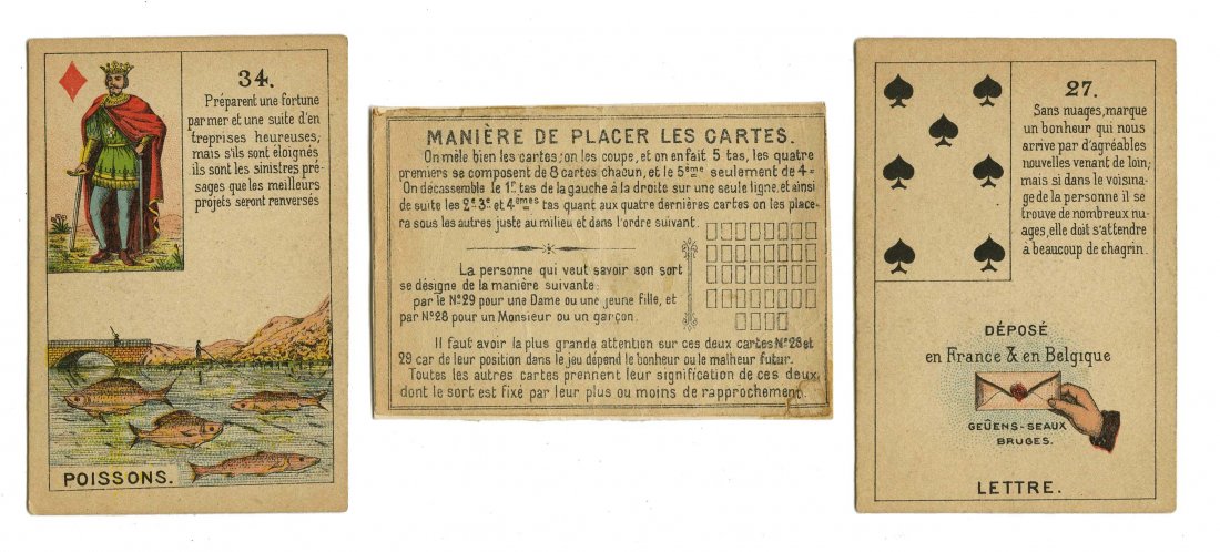 Le Normand Fortune Telling Playing Cards. Davluy,: Le Normand Fortune Telling Playing Cards. Davluy, Brussels, Belgium, ca. 1860. 36 (Complete) + directions on how to place the cards, VG (light foxing). The later 36-card edition with the sixes added.