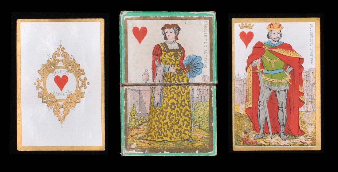 Daveluy Playing Cards. Bruges, Belgium, ca. 1865. 52 +: Daveluy Playing Cards. Bruges, Belgium, ca. 1865. 52 + OB, Exc. Lovely gilded border and embellished aces.