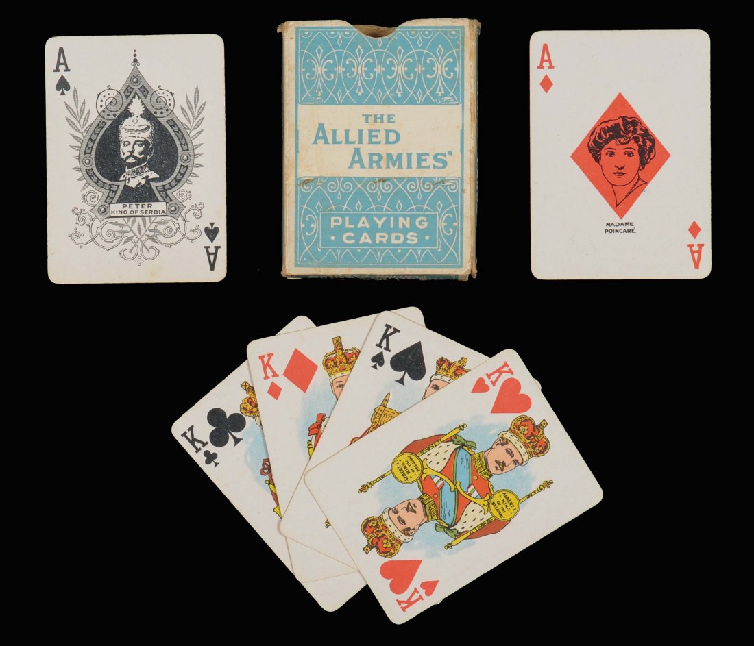 Allied Armies Playing Cards. Montreal Litho., ca. 1916.: Allied Armies Playing Cards. Montreal Litho., ca. 1916. 52 + OB (Top Flap Missing), Exc. There are 6 versions, this version has Madam Poincare added to the Ad. Hoch. W21b.