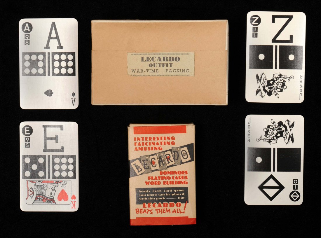 Lecardo Wartime Playing Cards. Roman Press Ltd, W.: Lecardo Wartime Playing Cards. Roman Press Ltd, W. Southbourne, Bournemouth, England, ca. 1944. 52 + 3J + game board + Misc + OB, NM. A deck suitable for six different games.