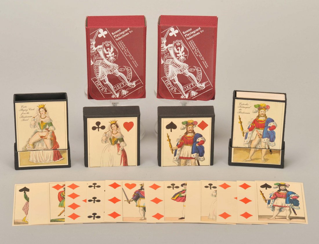 2 Erotic Transparent Decks of Playing Cards.: 2 Erotic Transparent Decks of Playing Cards. French/German, 1979. 52 + bklt. + OB, NM. Facsimile of deck from 1830/1850. Hold cards to a strong light to view erotic scenes. Lovely erotic slip covers a