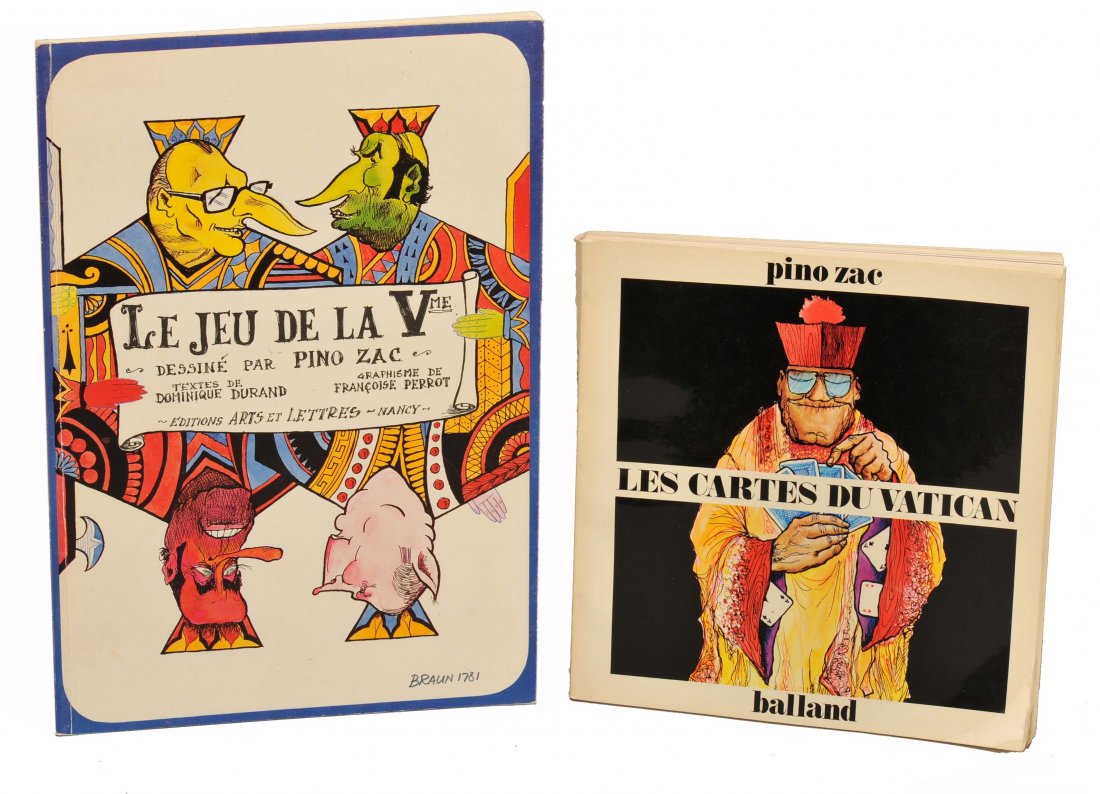 Two Decks of Die Cut Playing Cards in two books. 1) Les: Two Decks of Die Cut Playing Cards in two books. 1) Les Cartes Du Vatican. Paris, France, Guiseppe Zaccaria (Pino Zac), 1973. A transformation deck and many additional clever drawings,VG. 2) Le Jeu De