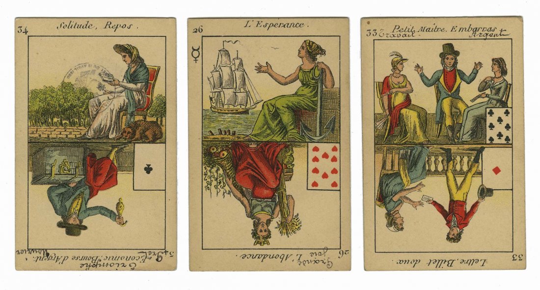 B.P. Grimaud, Le Petit Oracle des Dames, Fortune: B.P. Grimaud, Le Petit Oracle des Dames, Fortune Telling Deck. Paris, France, ca. 1890. 42 (Complete). Most cards with unobtrusive writing, VG.