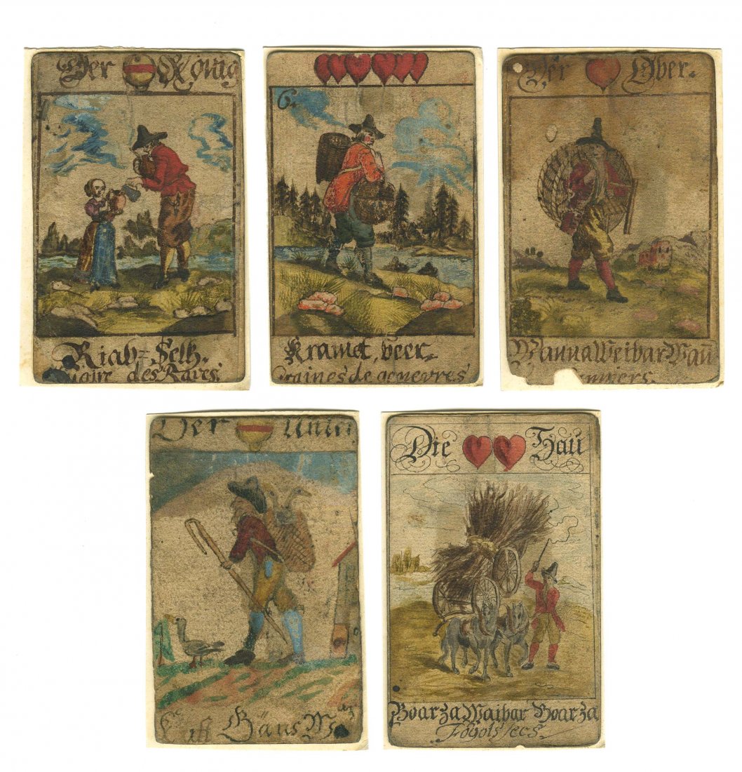 Five Early Hand Painted German Playing Cards. Maker: Five Early Hand Painted German Playing Cards. Maker unknown, ca. 1750 [?]. Mounted on cardboard. Condition varies. Pattern back.