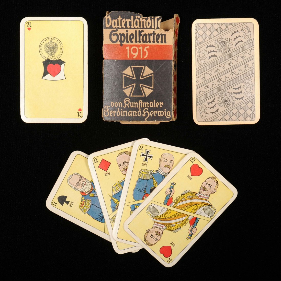 World War I Playing Cards. F.U. Lattmann, Goslar,: World War I Playing Cards. F.U. Lattmann, Goslar, Germany, 1915. 40 (complete) + OB (partial), NM. Tax stamp on Ace of Hearts.