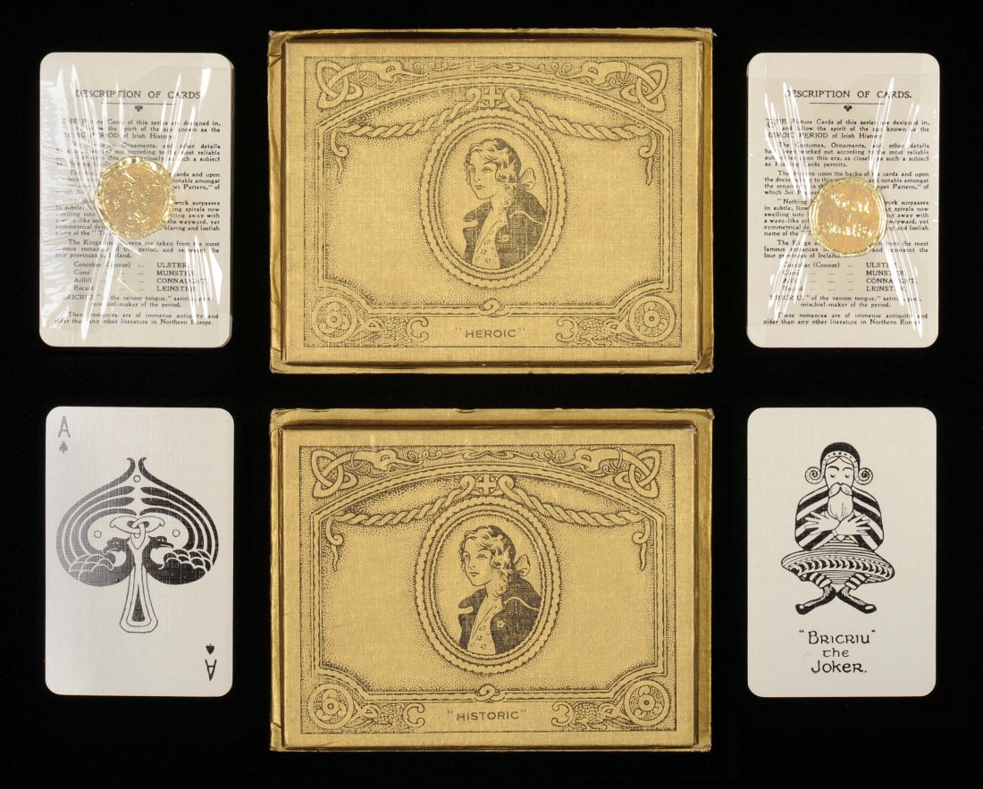 Historic and Heroic Playing Cards. Irish Playing Card: Historic and Heroic Playing Cards. Irish Playing Card Mfct. Co. Cork, Ireland, ca. 1925. Two double decks in original boxes. Three of the 4 decks mint sealed, one NM. Non-standard courts.