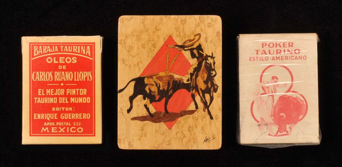 Two vintage Mexican decks. 1) “Poker Taurino Estilo: Two vintage Mexican decks. 1) “Poker Taurino Estilo Americano, Clemente Jacques CIA., S.A.”. 52 + 3J + OB, VG. 2) “Baraja Taurino Oleos de Carlos Ruano LLopis, El Mejor Pintor Taurino del Mundo�