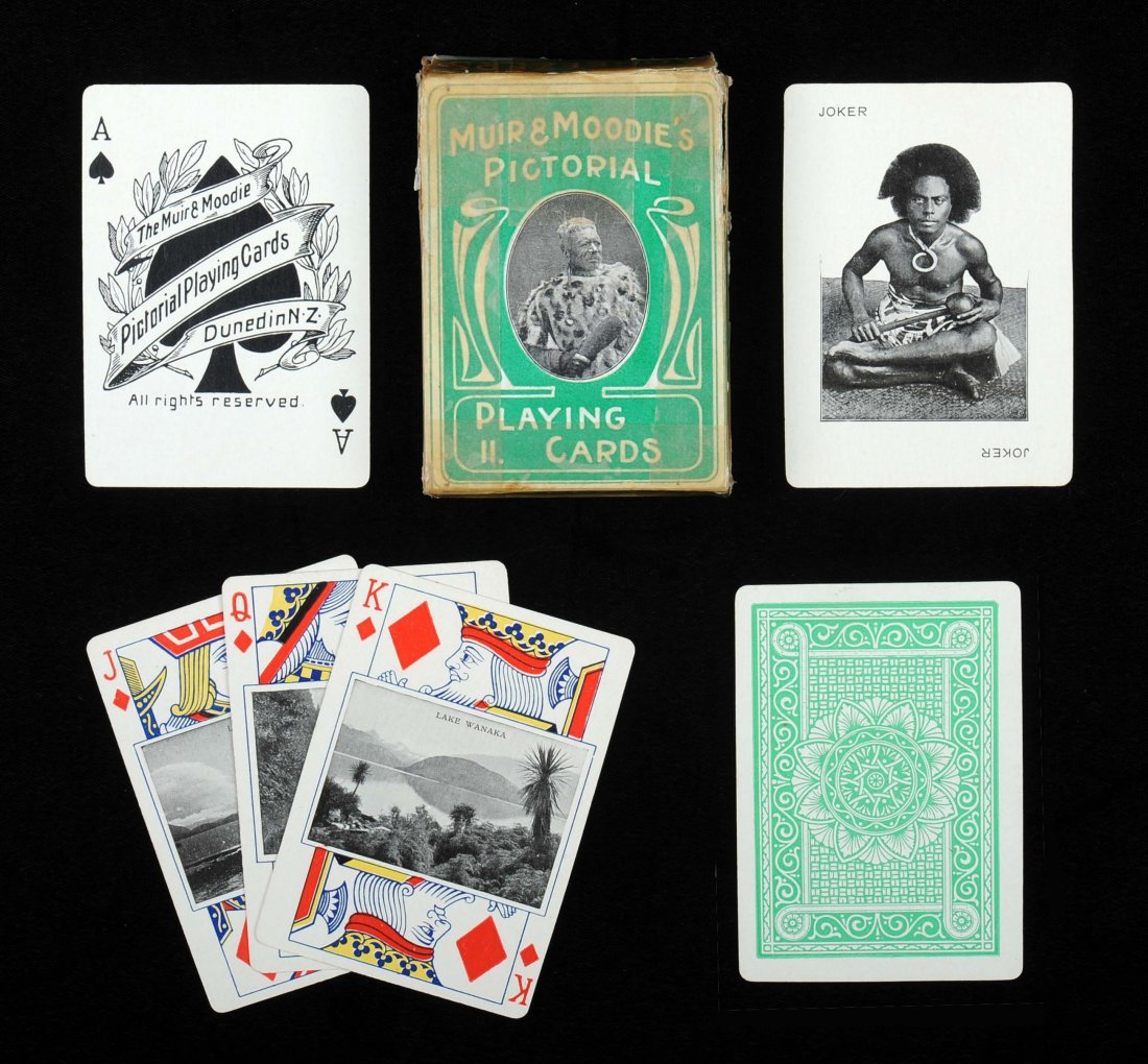 New Zealand Souvenir Playing Cards. Muir & Moodie,: New Zealand Souvenir Playing Cards. Muir & Moodie, Dunedin, New Zealand, ca. 1903. 52 + J + OB (heavily taped), NM.