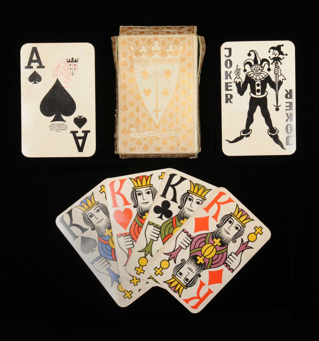 “Norsk Kvalitetskort” Playing Cards. Emil Moestue,: “Norsk Kvalitetskort” Playing Cards. Emil Moestue, Spilkortfabrik, Oslo, Norway, ca. 1950. 52 + J + OB (torn), NM.