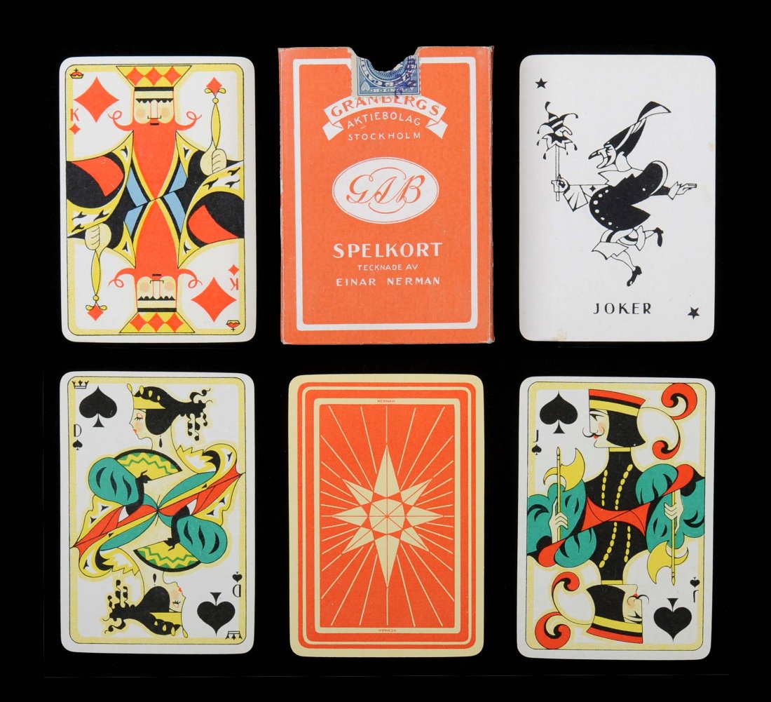 Granbergs Playing Cards. Stockholm, Sweden, ca. 1924.: Granbergs Playing Cards. Stockholm, Sweden, ca. 1924. 52 + J + OB, NM (Joker has slight tear on side). Designed by Einar Nerman.