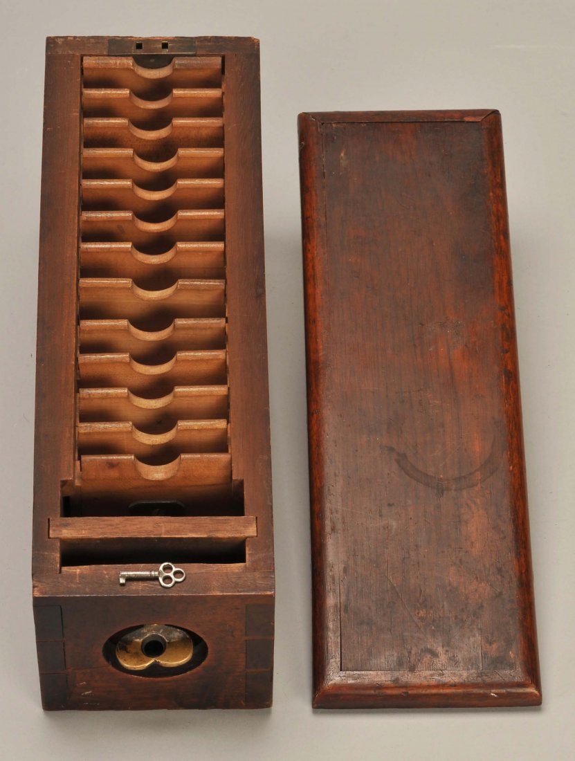 Will & Finck Faro Playing Card Press. San Francisco,: Will & Finck Faro Playing Card Press. San Francisco, Will & Finck, ca. 1890. Press holds 12 decks of playing cards and the brass screw is well marked. With lid, lock and key. Exc. Because early playin