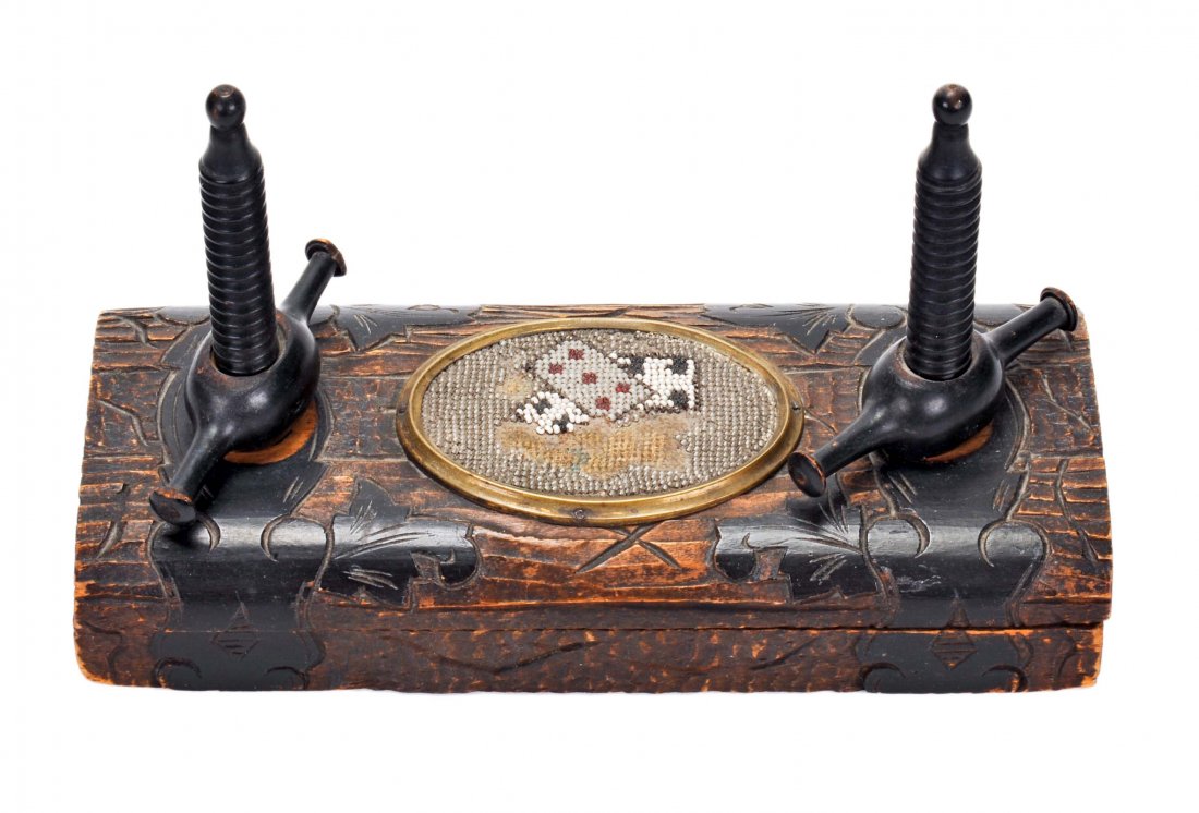 Victorian Card Press. Ca. 1890. Hand carved with: Victorian Card Press. Ca. 1890. Hand carved with beadwork on top. Beadwork worn. G.