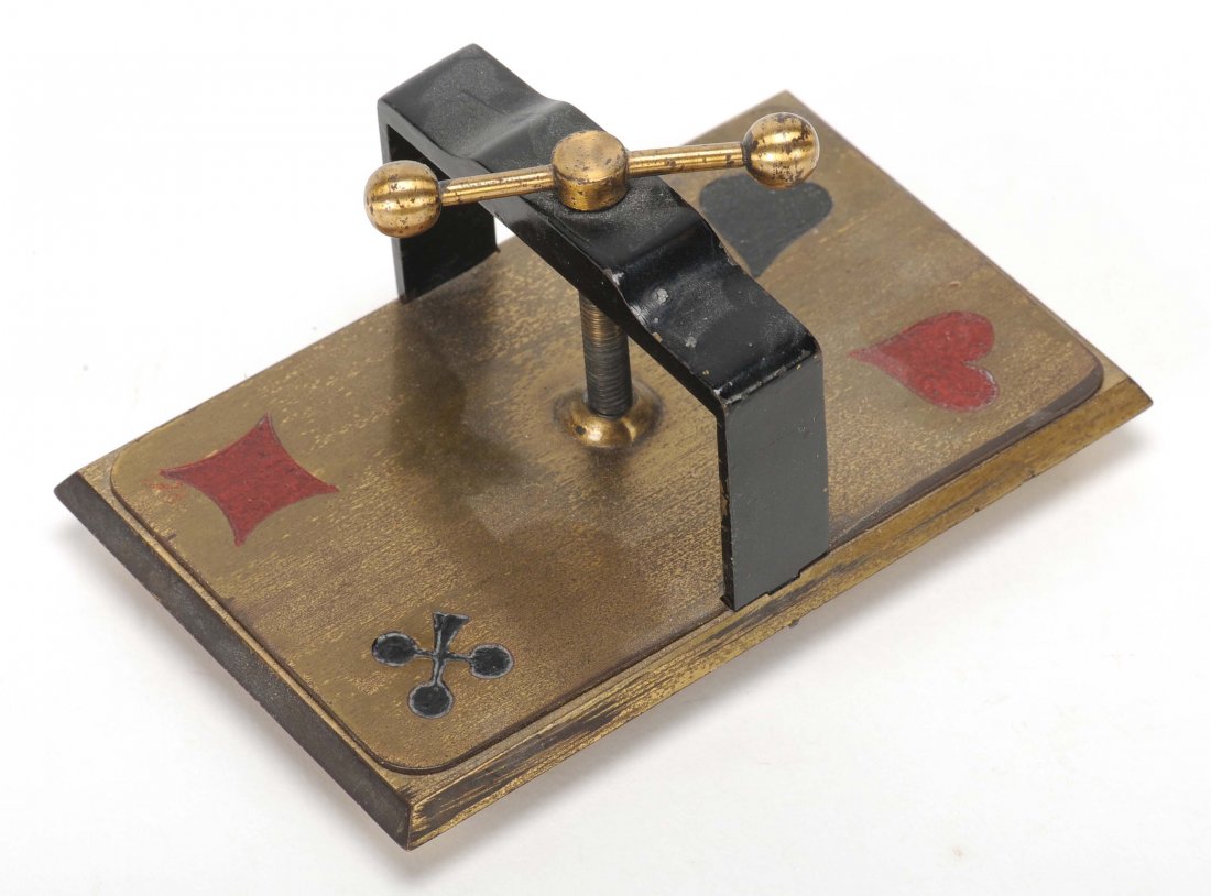 French Brass Playing Card Press. France, ca. 1915.: French Brass Playing Card Press. France, ca. 1915. Enameled suit symbols on the corners. Exc.