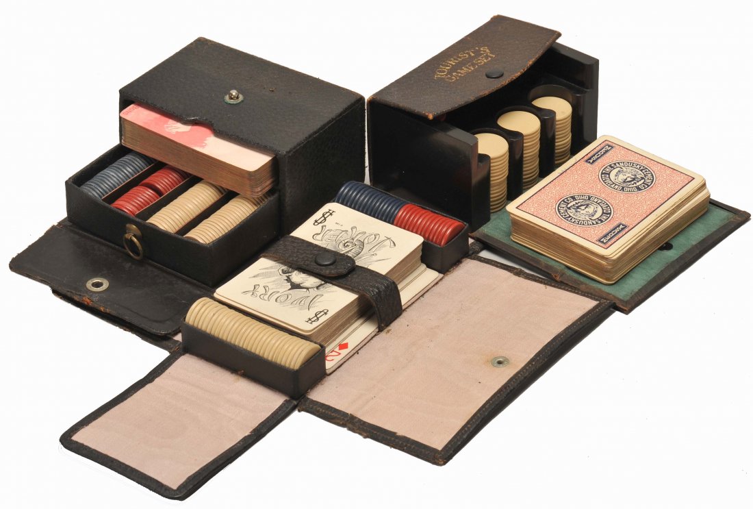 Three vintage card cases and accessories. Including: a: Three vintage card cases and accessories. Including: a pebbled leather playing card case with drawer of poker chips and deck of cards, Johnston-Morehouse–Dickey Co., Mill & Mine Supplies, Pittsburgh