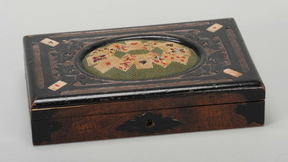 Fine Hand Carved Pebbled Wood Game Box. English, ca.: Fine Hand Carved Pebbled Wood Game Box. English, ca. 1900. Needlepoint playing cards on lid, four mother-of-pearl playing cards inlaid at the corners. Interior holds two decks of cards (absent) and a
