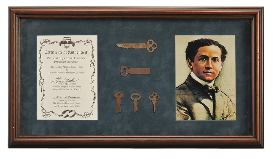 Houdini-owned lock picks and keys. Five keys/lock picks: Houdini-owned lock picks and keys. Five keys/lock picks from Houdini’s personal collection. Framed with a portrait of Houdini and certificate of authenticity signed by Henry Muller, owner/curator of