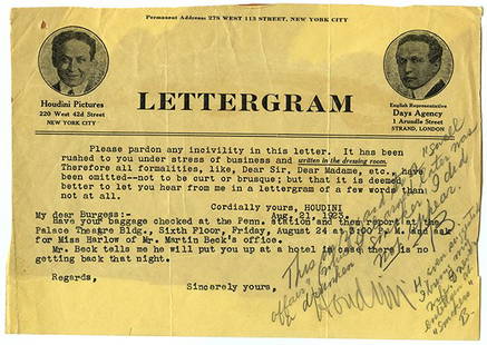 Houdini lettergram to Clinton Burgess, 1923.: Houdini, Harry. Houdini lettergram to Clinton Burgess, signed. Dated August 21, 1923, Houdini instructs Burgess to present himself at the Palace Theatre building at Martin Beck’s office, in preparat