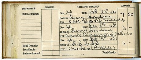 Maurice Raymond 1921 checkbook register -Houdini assoc.: Raymond, Maurice (Raymond Morris Saunders). Maurice Raymond’s checkbook register. For July – Nov. 1921, and including two receipts for checks made payable to Houdini, one for $3 to purchase a copy