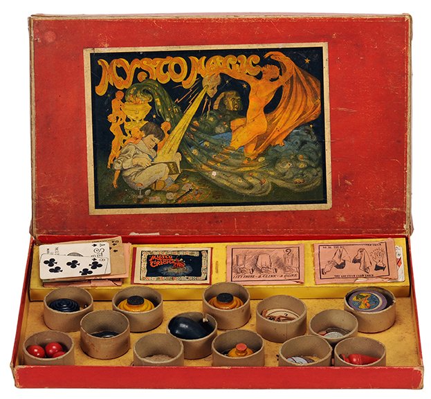 Mysto Magic Set. New Haven, Mysto Magic Co., ca. 1909.: Mysto Magic Set. New Haven, Mysto Magic Co., ca. 1909. Large and elaborate set with wooden, metal, and cardboard props. With instructions. Attractive lithographed label on box lid. Wear evident, but o