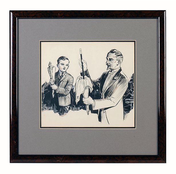 Original Artwork for P&L Silk Vanishing Wand.: [Petrie & Lewis] Original Pen and Ink Artwork for P&L’s Silk Vanishing Wand. Finely drawn line art for this gimmicked wand, used in the P&L catalog. Framed to an overall size of 18 x 18”. Not exam