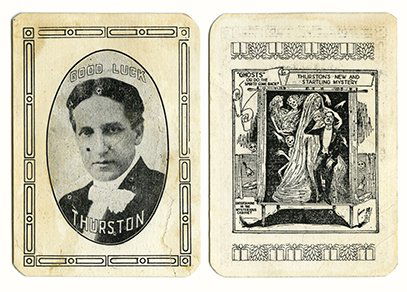 Thurston the magician uncommon early throw-out card.: Thurston, Howard. Thurston the magician throw-out card. American, ca. 1910. Portrait of a young Thurston on the recto, an image of his spirit cabinet on the verso. Wear and creasing evident. Uncommon.
