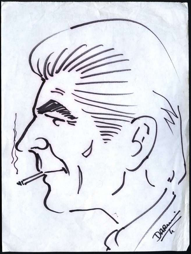 Darwin, Gary. Caricature of Channing Pollock: Darwin, Gary. Caricature of Channing Pollock. Las Vegas, ca. 1990. Pen and ink caricature of Channing Pollock, a cigarette between his lips. 9 x 12”. Signed “Darwin.” Edges worn.