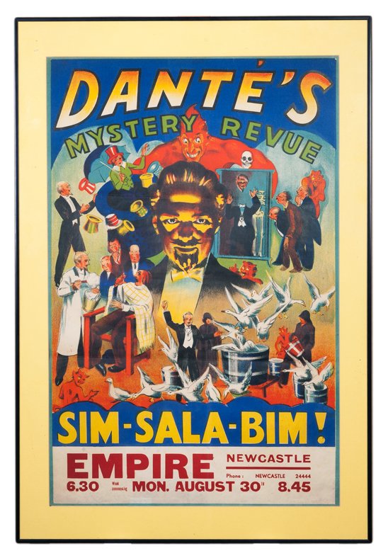 Dante Sim—Sala—Bim stone lithograph poster ca. 1935.: Dante (Harry August Jansen). Sim—Sala—Bim. N.p., ca. 1935. One-sheet (23 x 34”) color lithographed poster bearing a portrait of Dante surrounded by devils, with depictions of performances from t