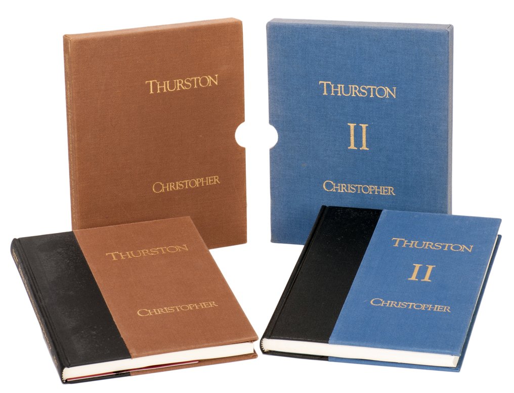 Steinmeyer, Jim. Thurston's Illusion Show Workbooks.: 228. [Thurston] Steinmeyer, Jim (editor). Howard Thurston’s Illusion Show Workbooks Vols. 1 and 2. Pasadena: Magical Publications, 1991 and 1992. Quarter leather over cloth, stamped in gold with mat