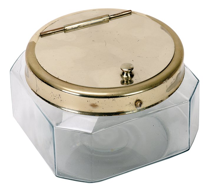 Aerial Fishing. New Haven, Petrie & Lewis, ca. 1940.: Aerial Fishing. New Haven, Petrie & Lewis, ca. 1940. A handsome fishbowl with nickel-plated lid that facilitates the production of three live fish from midair. Lid 6 ¼” diameter. Good.