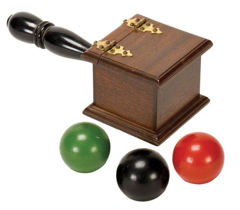 Great Ballot Box Mystery. Los Angeles, F.G. Thayer.: Great Ballot Box Mystery. Los Angeles, F.G. Thayer & Co., ca. 1920. A spectator places one of three different-colored balls inside the mahogany box and hides the other two. Even so, the magician deter