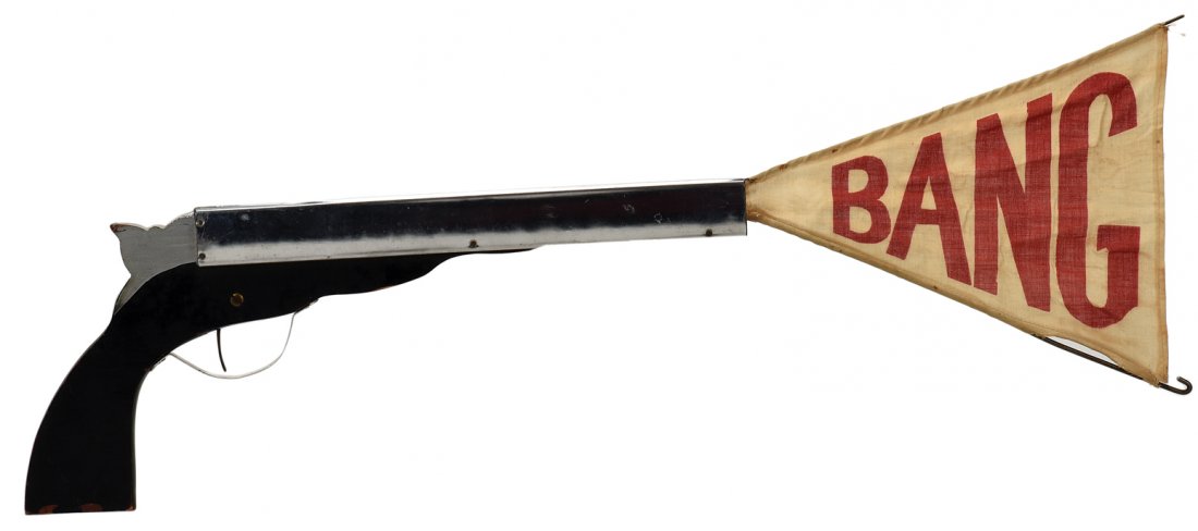Holmes Bang Gun. Detroit, Sterling Magic, ca. 1949.: Holmes Bang Gun. Detroit, Sterling Magic, ca. 1949. When the trigger is pulled, a triangular-shaped flag springs out of the barrel with the word BANG printed on it. Wood and metal construction. 13” 