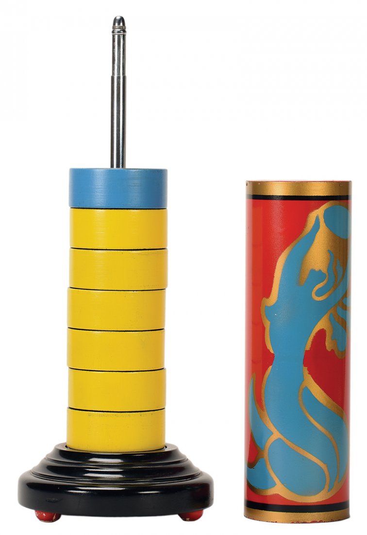 Blue Phantom. Asuza, Owen Magic Supreme, ca. 1970.: Blue Phantom. Asuza, Owen Magic Supreme, ca. 1970. A blue checker mysteriously travels through a stack of yellow checkers when covered by a decorated metal tube. 17” high. Chips and wear to tube, el