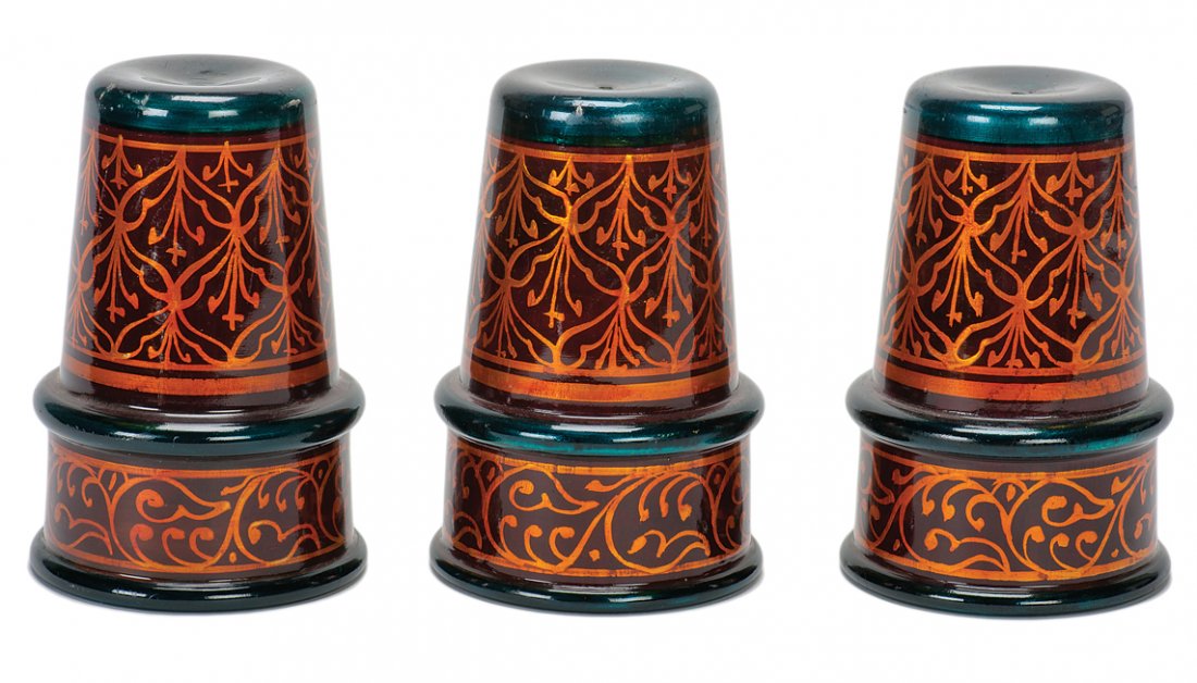 Tayade “Western Style” Cups. India, D.A. Tayade, ca.: Tayade “Western Style” Cups. India, D.A. Tayade, ca. 1970. Set of three attractively finished wooden cups for the traditional Cups and Balls effect. Mouths 3 ¼” in diameter. Insignificant paint