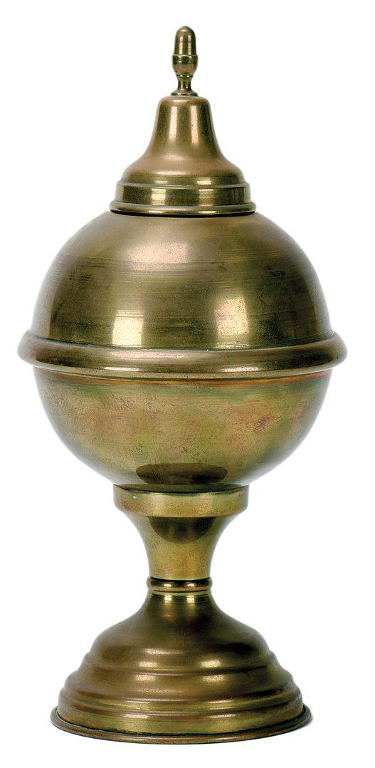 Handkerchief Burning Globe. Circa 1915. Brass vase: Handkerchief Burning Globe. Circa 1915. Brass vase which exchanges one object for another, or transforms burning cotton into silk handkerchiefs. 8” high. Very good.