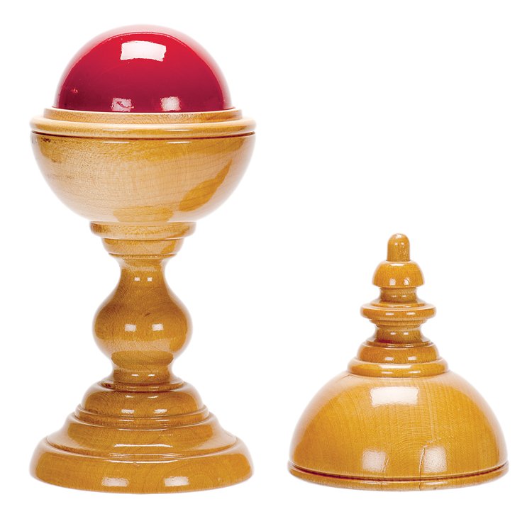 Morison Pill Box. Asuza, Owen Magic Supreme, ca. 2000.: Morison Pill Box. Asuza, Owen Magic Supreme, ca. 2000. A ball vanishes from the vase, then reappears inside. Finely turned from maple. Ball 2 ¼” in diameter. Hallmarked and signed by the maker Les